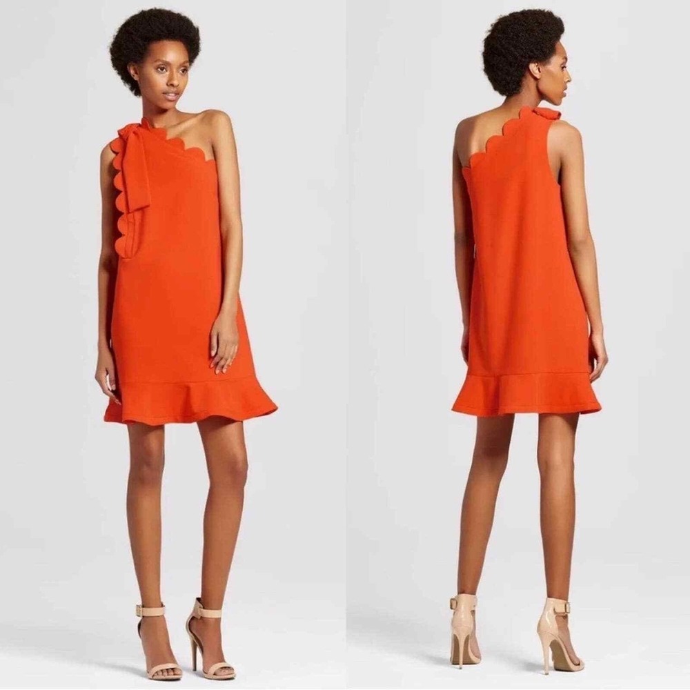 Victoria Beckham for Target One Shoulder Scallop Trim Orange Dress